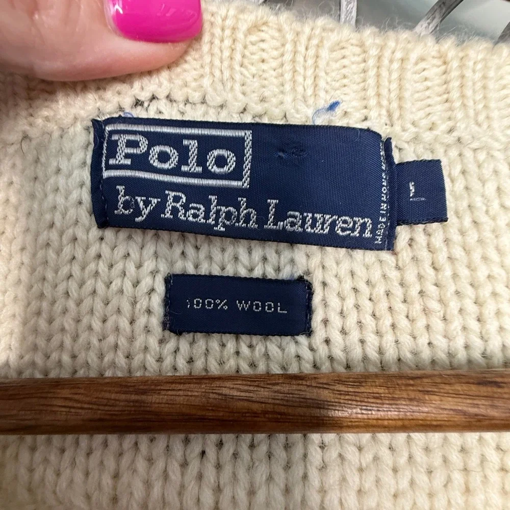 Vintage Polo Ralph Lauren 100% Wool Cable Knit Tennis Sweater Cream Mens Large‎